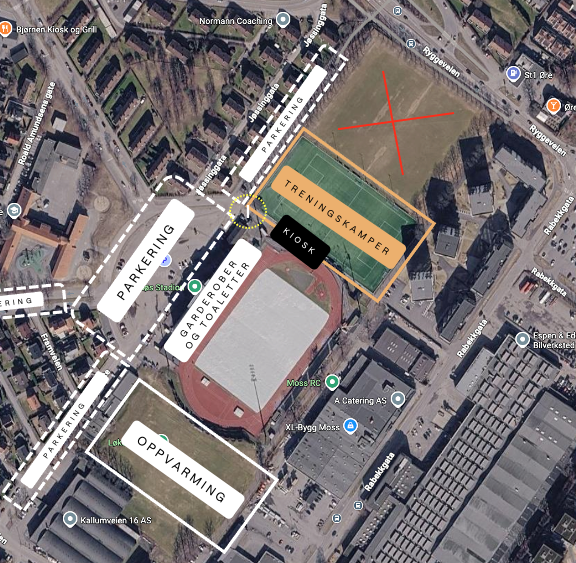 Oversiktskart Melløs stadion: parkering, garderober og toaletter, treningskamper på kunstgress, kiosk, oppvarming på Løkenfeltet og gressbanen som er markert med rødt kryss